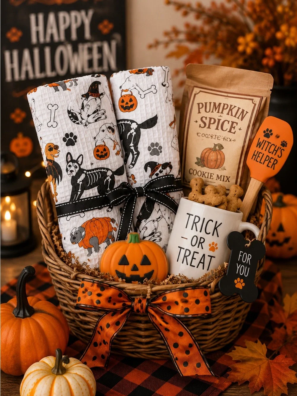 MAKERY Halloween Dog Tea Towels Set of 2 Cotton Kitchen Towels Ghosts Skeletons